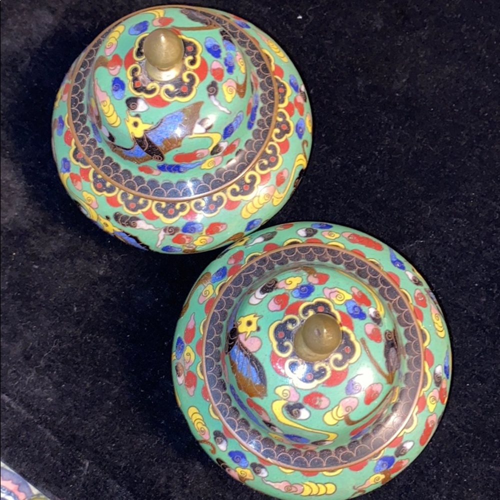 Pair of small cloisonné covered jars on copper.